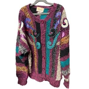 Vintage 90s Jaclyn Smith Cardigan M Beaded Knit Abstract Colorful Sweater Womens